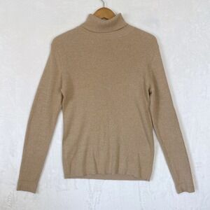 Additions by Chico's Beige Ribbed Knit Turtleneck Sweater Metallic Threads Sz‎ 2